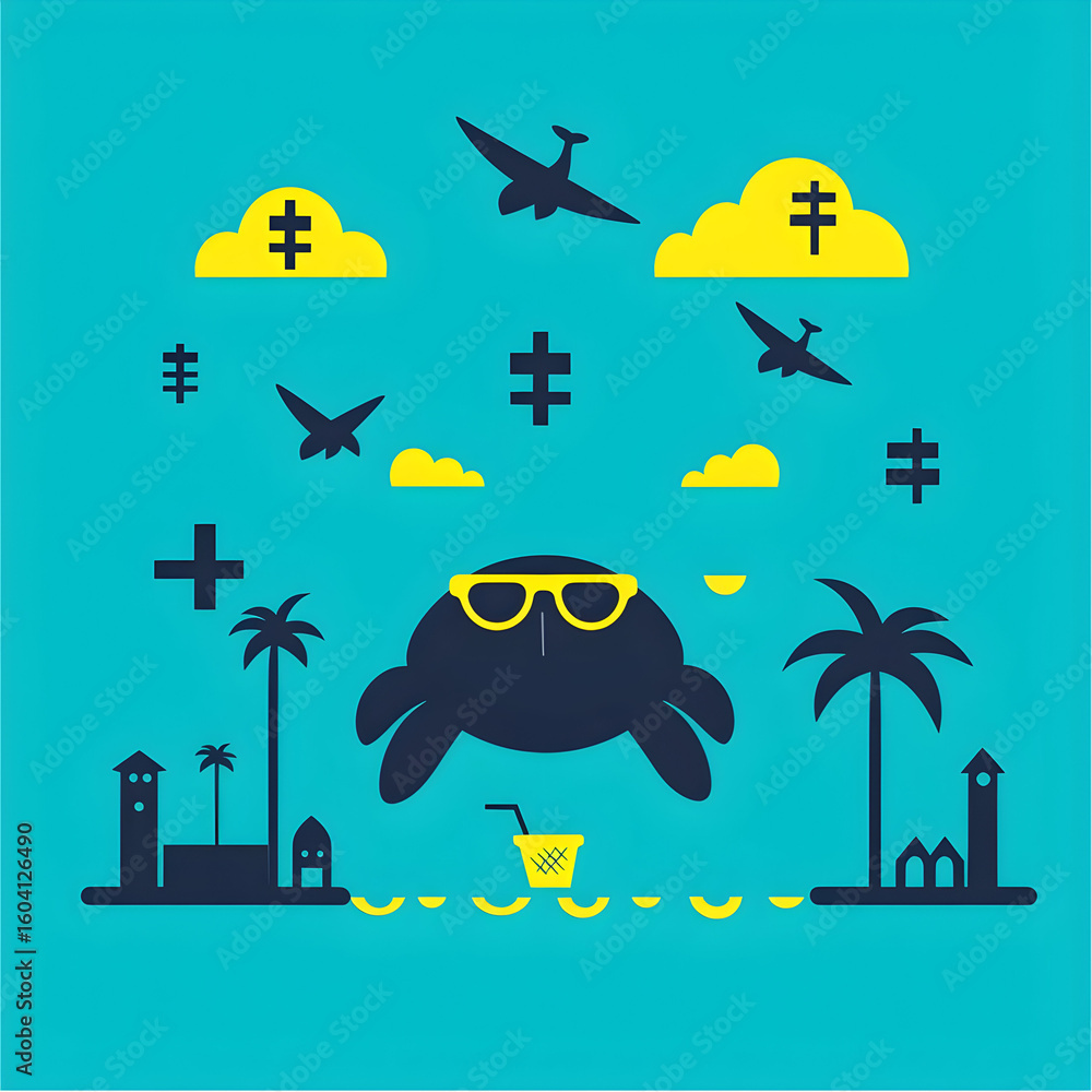 Naklejka premium A stylized sea creature wearing sunglasses floats above a tropical island scene, with airplanes and clouds