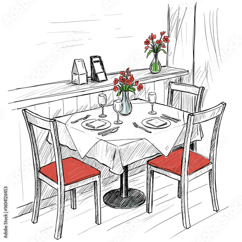 Dining table set with red chairs and flowers in simple interior  