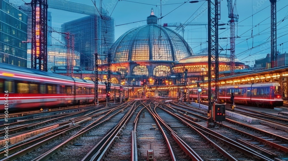 Obraz premium Stunning Long Exposure of a Train Station Dome and Railroad Tracks at Sunset in a Bustling City