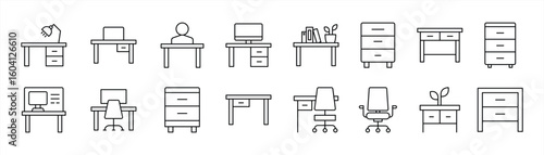 set of workspace harmony thin line icon. contain collection of desks, chairs, study essential that define comfort, focus, productivity in modern educational, office environment. vector illustration