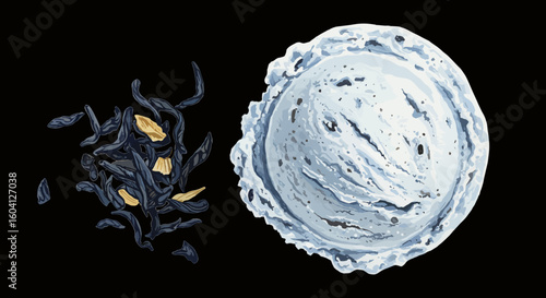 Vector watercolor illustration of Earl Grey ice cream with loose tea leaves — top view on black background

