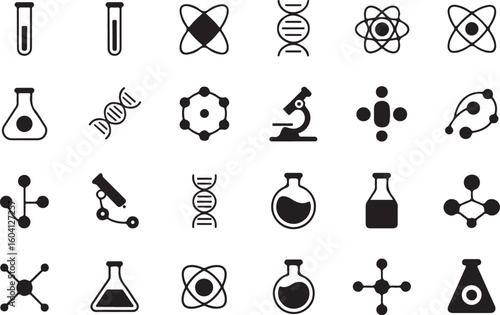A sat of Collection of science and chemistry icons in black and white