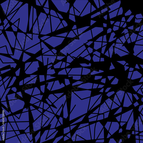 Abstract seamless pattern with sharp, shattered geometric fragments and intersecting lines in black on a dark blue background, creating a dynamic texture.