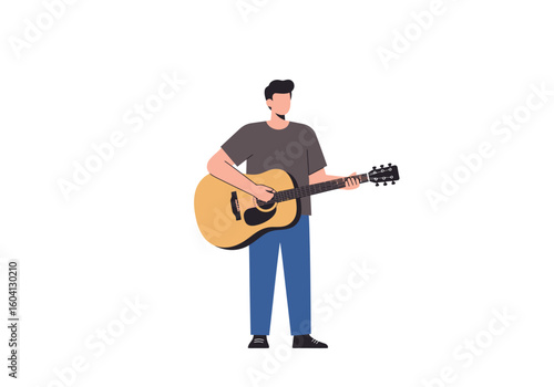 A cartoon man is standing while holding and playing an acoustic guitar