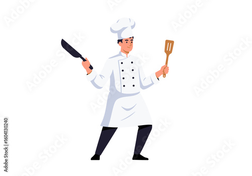 A chef in whites holding a spatula and knife with a jovial expression