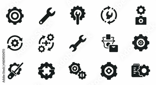 Gear & Settings Glyph Icon Set – Cogwheel, Wrench, Optimization, Configuration, System Update, Automation Vector

