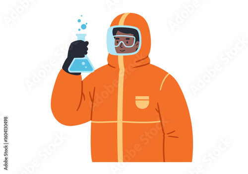 A person in a hazmat suit holds up a flask containing a bubbling liquid