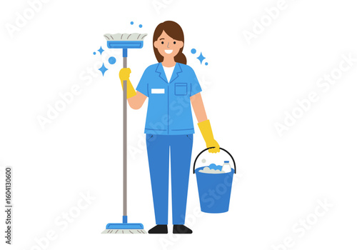 A smiling cleaner holds a mop and bucket surrounded by sparkling effects