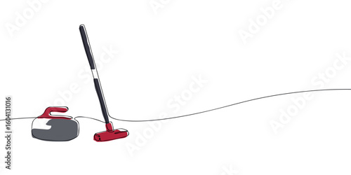 Curling stone and broom on ice in minimalist continuous line art style. Winter sport equipment illustration. Olympic curling game concept with clean layout and empty space.