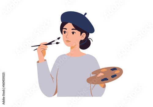 An artist with a beret holds paintbrushes and a palette