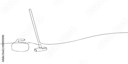 Minimalist continuous line drawing of curling stone and broom on ice. Winter sport illustration with clean contour style. Olympic curling competition and team game concept.