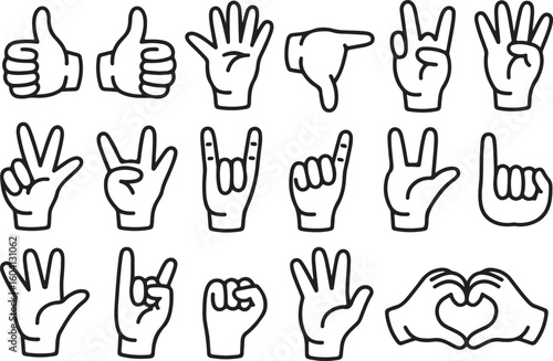 A sat of Collection of diverse hand gestures and signals in outline style