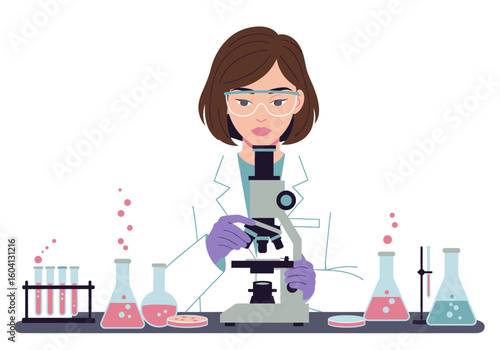 Cartoon lab scene A woman examines specimens under a microscope amidst lab equipment