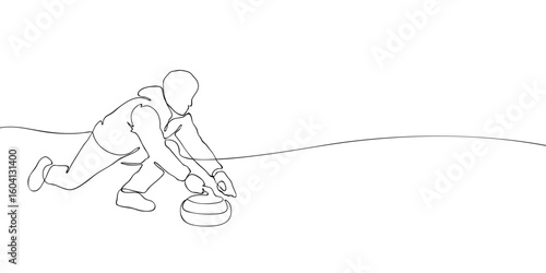 One line drawing of a curling player sliding stone on ice. Minimalist linear illustration. Winter sports and Olympic games concept.