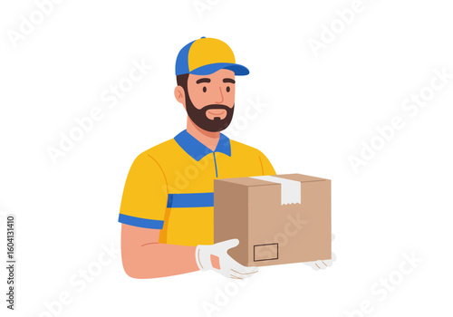 Delivery man in yellowblue uniform holding a cardboard box