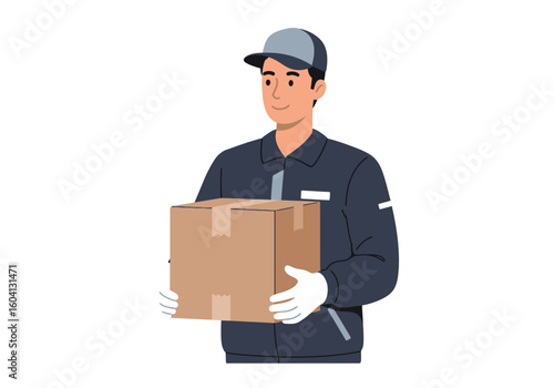 Delivery worker holds a cardboard box with whitegloved hands He wears a cap and dark work uniform