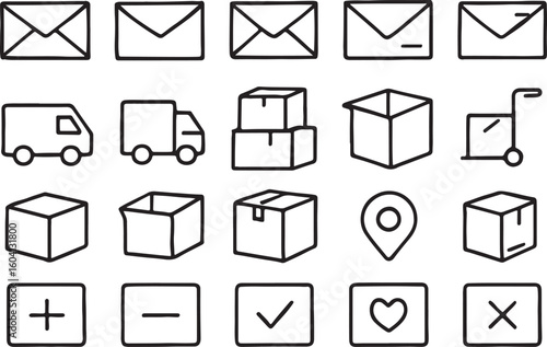 Envelopes trucks boxes cart location plus minus check heart cross mail letter