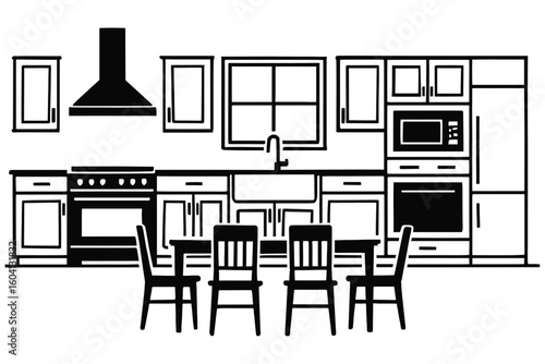 Modern Kitchen and Dining Area Setup with Appliances and Table Vector
