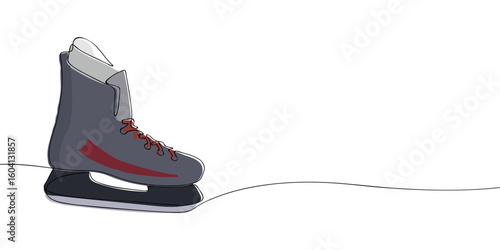 Continuous line colored drawing of an ice skate boot with red laces. Minimalist linear illustration. Winter sports, skating, and Olympic games concept.