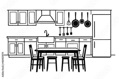 Spacious Kitchen and Dining Area with Island Table and Utensils Outline