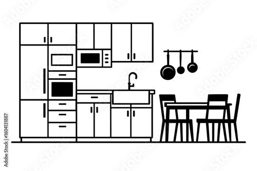 Compact Kitchen and Dining Setup with Integrated Appliances Outline Vector