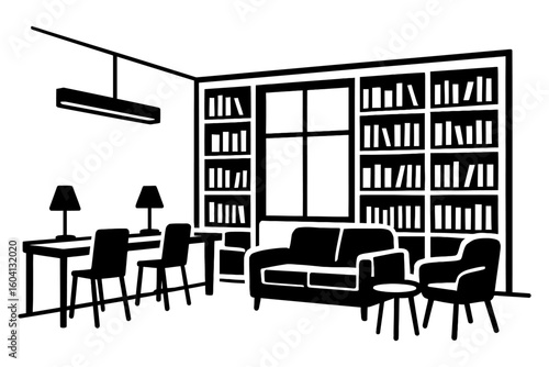 Library Study and Lounge Room Interior with Bookshelves, Desks, and Seating Vector