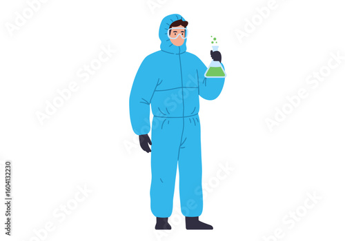 Person in blue hazmat suit holding beaker with green liquid