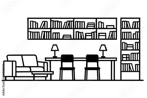 Home Library and Study Area with Bookshelves, Desk, and Sofa Vector