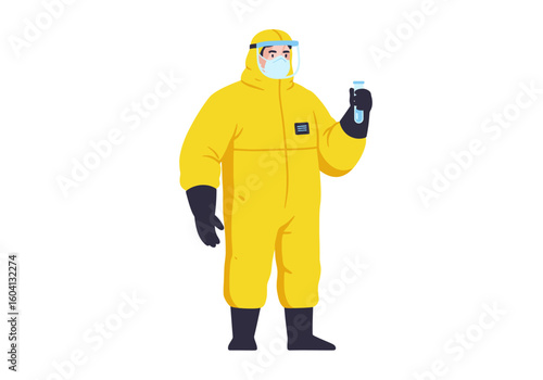 Person in yellow hazmat suit holds test tube wearing gloves mask shield