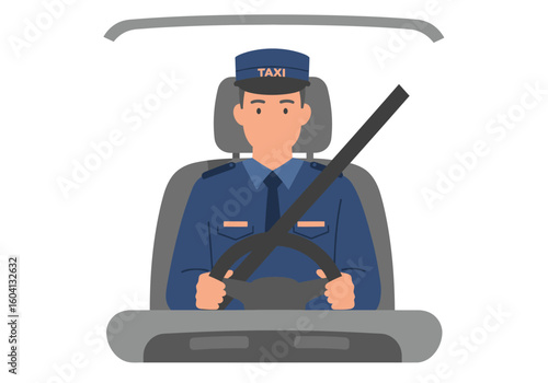 Taxi driver with a seatbelt on wearing a uniform  hat steering the wheel inside his cab