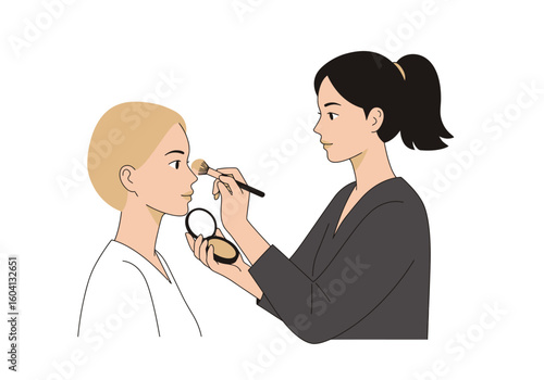 Woman applies makeup to anothers face with a brush The recipient is blonde