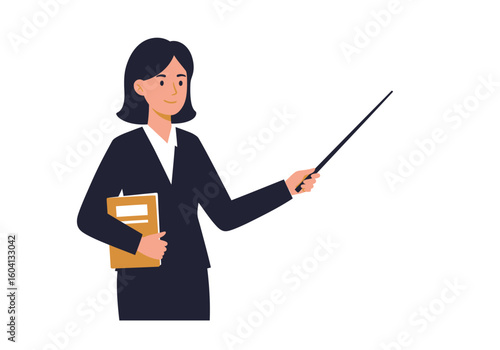 Woman points with wand holds book