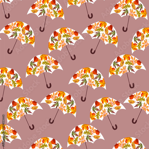 Leaf pattern on umbrellas.Vector seamless pattern with bright autumn leaves in umbrella pattern on color background.