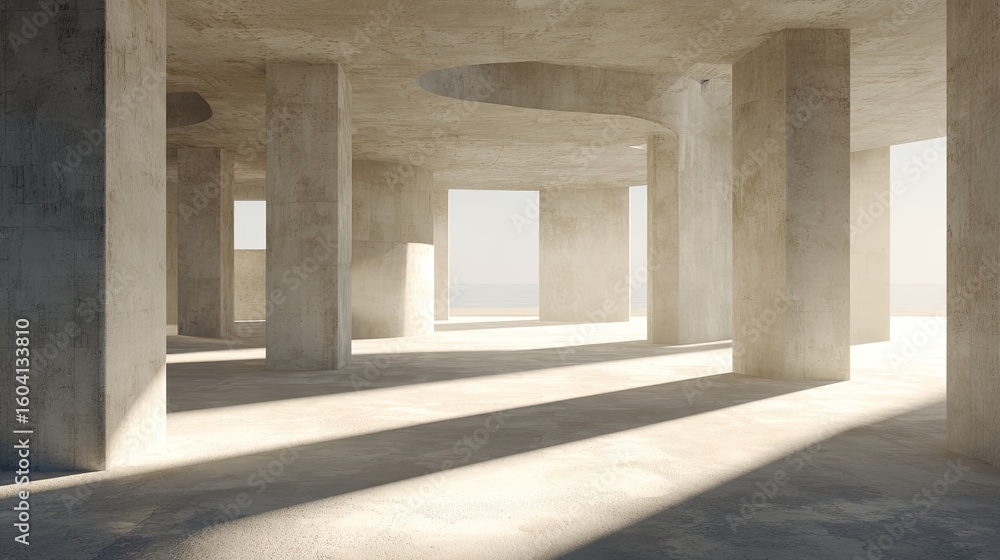 Obraz premium Photorealistic refined concrete interior with minimalist pillars and soft-edged sunlight shadows, open unfurnished space in Scandinavian architectural style, ideal for branding, editorial, and design