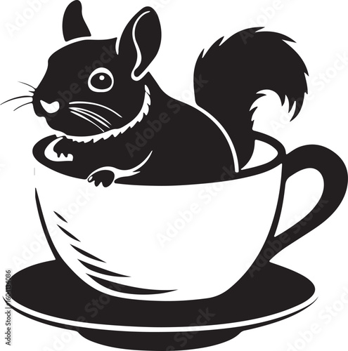 Cute chinchilla sitting inside a teacup silhouette isolated on transparent background