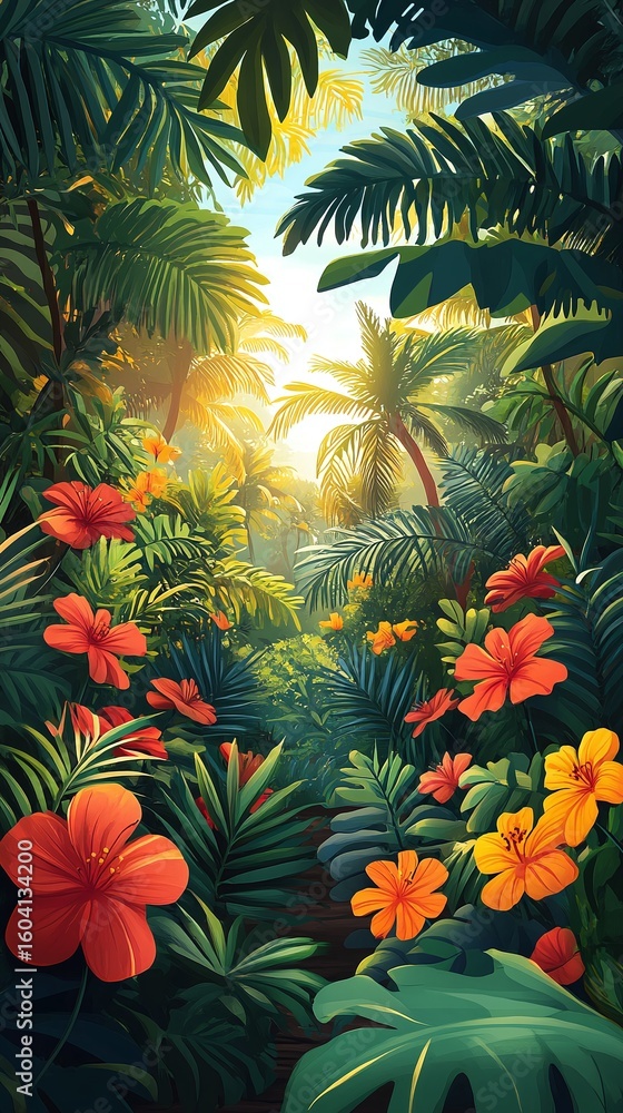 Fototapeta premium Lush tropical forest path with vibrant flowers.