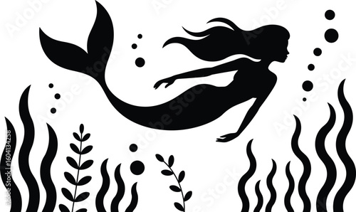 Black silhouette mermaid swimming with seaweed and bubbles on white background