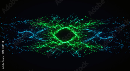 Ethereal network of glowing green and blue particles converging into a central diamond nexus on a dark background