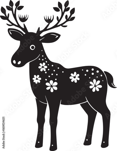 Adorable moose calf silhouette with delicate flowers adorning antlers isolated on transparent background