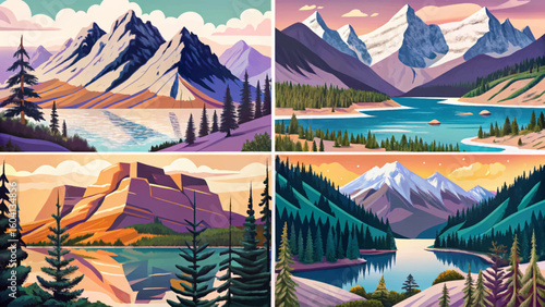 capturing Banff National Park’s set magic glacial lakes, snow‑capped ridges, dense pine forests, and rugged peaks reflecting serene alpine beauty in dramatic mountain scenery collection banner