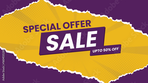 Creative sale background with torn paper effect in yellow and purple colors, perfect for discount ads and promotional banners