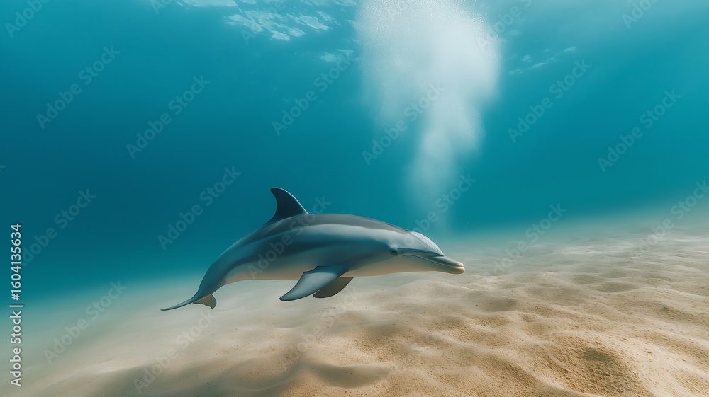 Fototapeta premium A dolphin glides effortlessly through crystal clear water, showcasing its agility and grace.