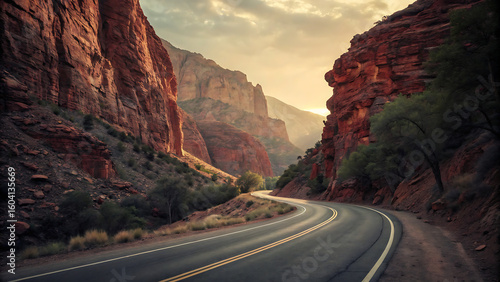 Scenic Road Amidst Rock Formations: A winding road meanders through a majestic canyon, flanked by towering rock formations that stand tall. Captured a travel photography with stunning details.
