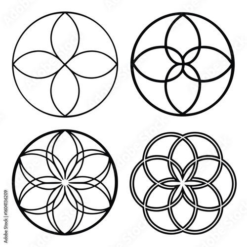 Geometric circular patterns interwoven black lines