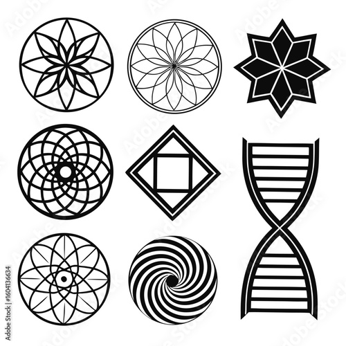 Geometric patterns and D N A strand abstract black