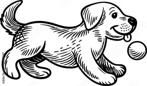 Playful puppy chasing ball, happy dog running with tongue out energetic pet, fun and joyful animal illustration