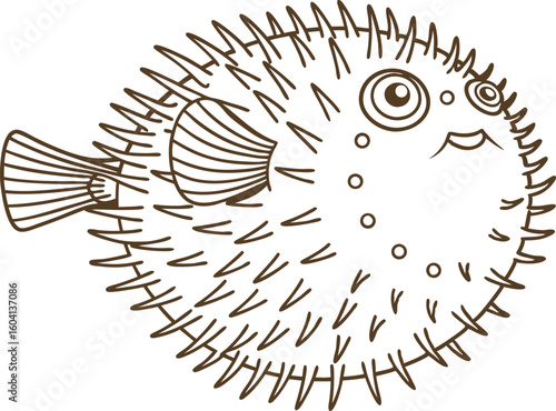 Spiky pufferfish illustration isolated on white, hand drawn aquatic animal with rounded body and fins