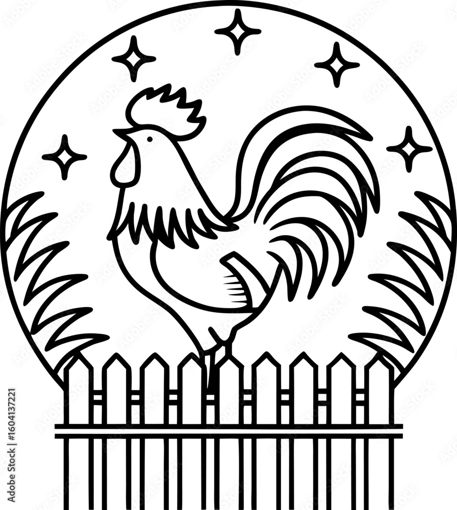 Obraz premium Rooster perched on wooden fence at sunrise, surrounded by ferns and stars, morning farm scene illustration