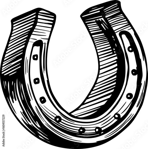 Vintage horseshoe illustration, hand drawn metal good luck symbol, black and white engraving for success and fortune