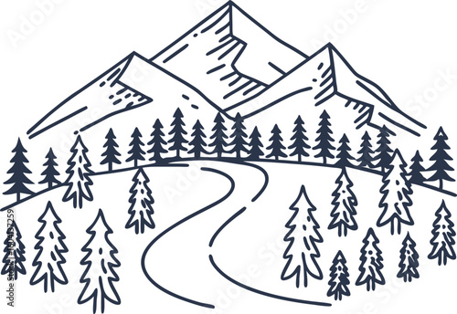 Majestic mountain landscape with evergreen forest and winding path, hand drawn nature scene illustration